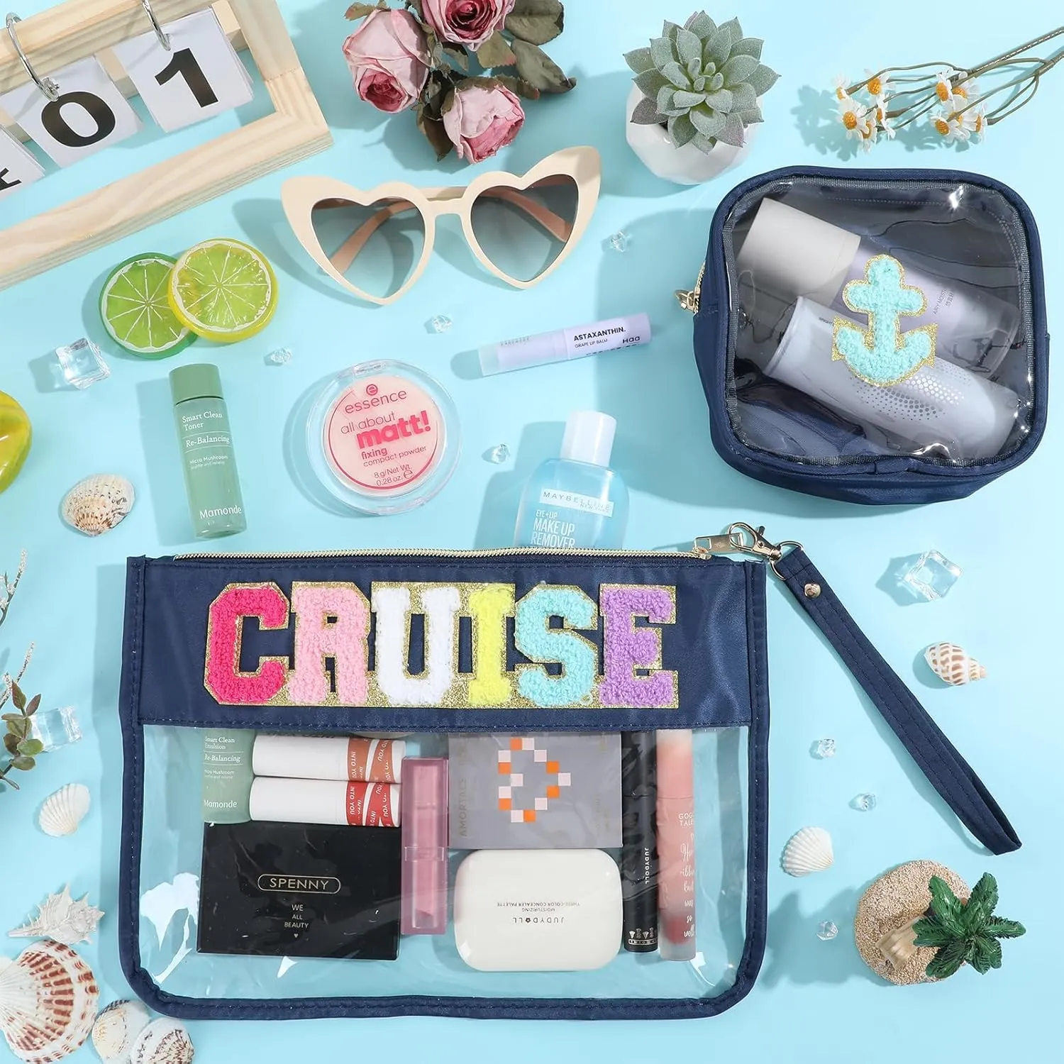 party greeting 2Pcs Cruise Gifts Chenille Makeup Bag Portable Nautical Anchor Travel Cosmetic Bag with Zipper Preppy Patch Letter Bag Waterproof Storage Purse Clear Pouch PVC Organizer for Women