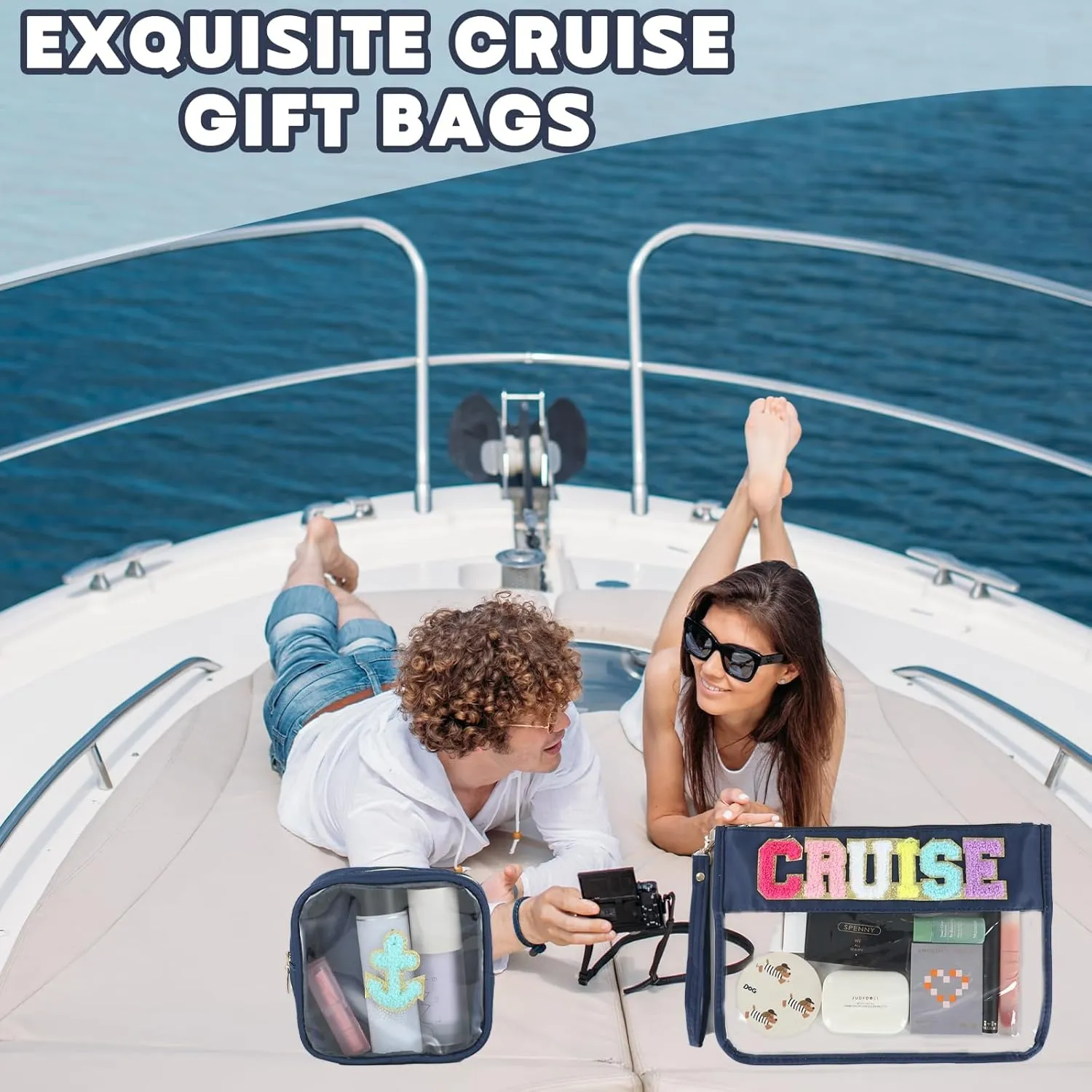party greeting 2Pcs Cruise Gifts Chenille Makeup Bag Portable Nautical Anchor Travel Cosmetic Bag with Zipper Preppy Patch Letter Bag Waterproof Storage Purse Clear Pouch PVC Organizer for Women