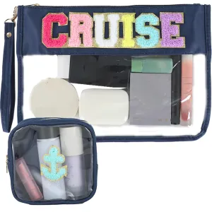 party greeting 2Pcs Cruise Gifts Chenille Makeup Bag Portable Nautical Anchor Travel Cosmetic Bag with Zipper Preppy Patch Letter Bag Waterproof Storage Purse Clear Pouch PVC Organizer for Women