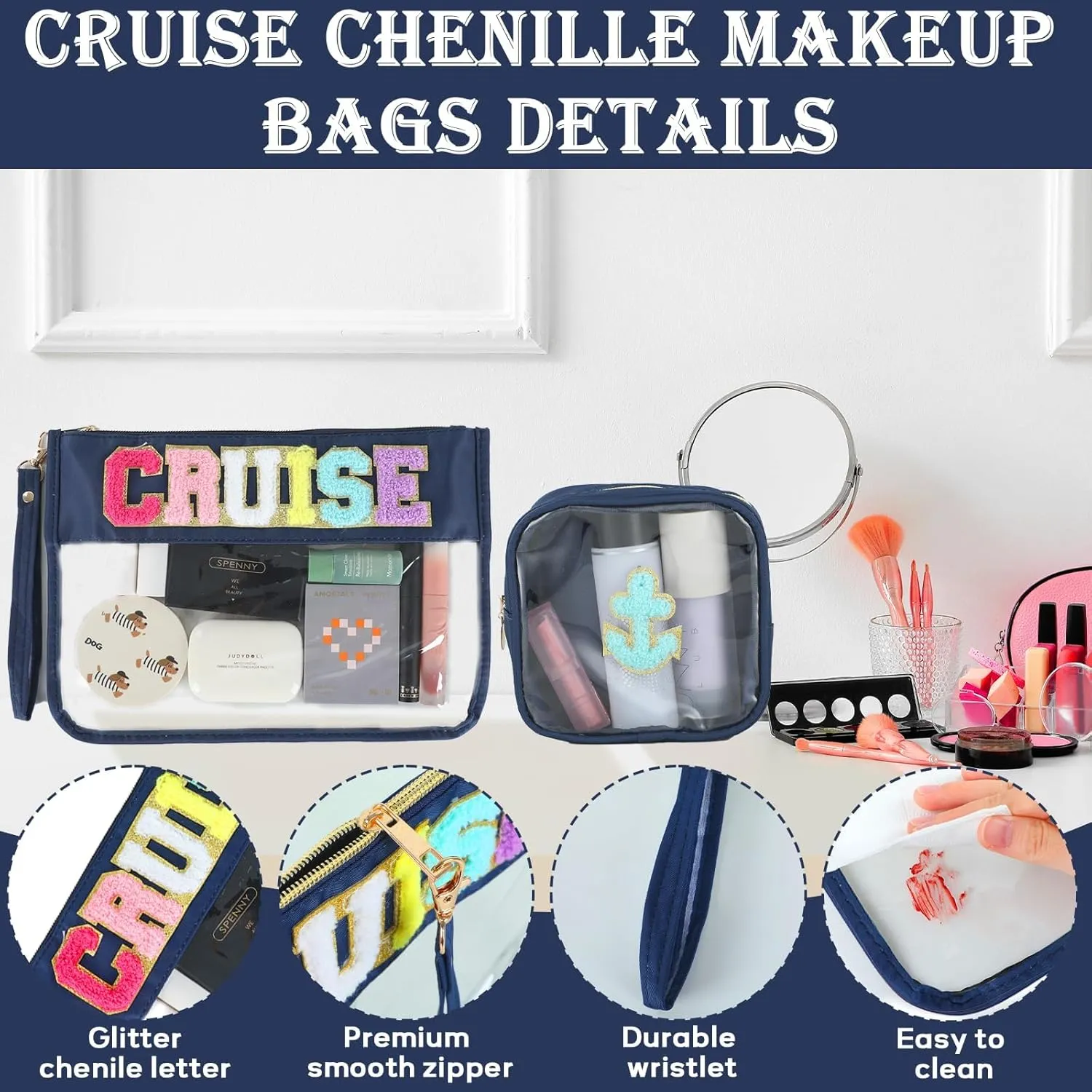 party greeting 2Pcs Cruise Gifts Chenille Makeup Bag Portable Nautical Anchor Travel Cosmetic Bag with Zipper Preppy Patch Letter Bag Waterproof Storage Purse Clear Pouch PVC Organizer for Women