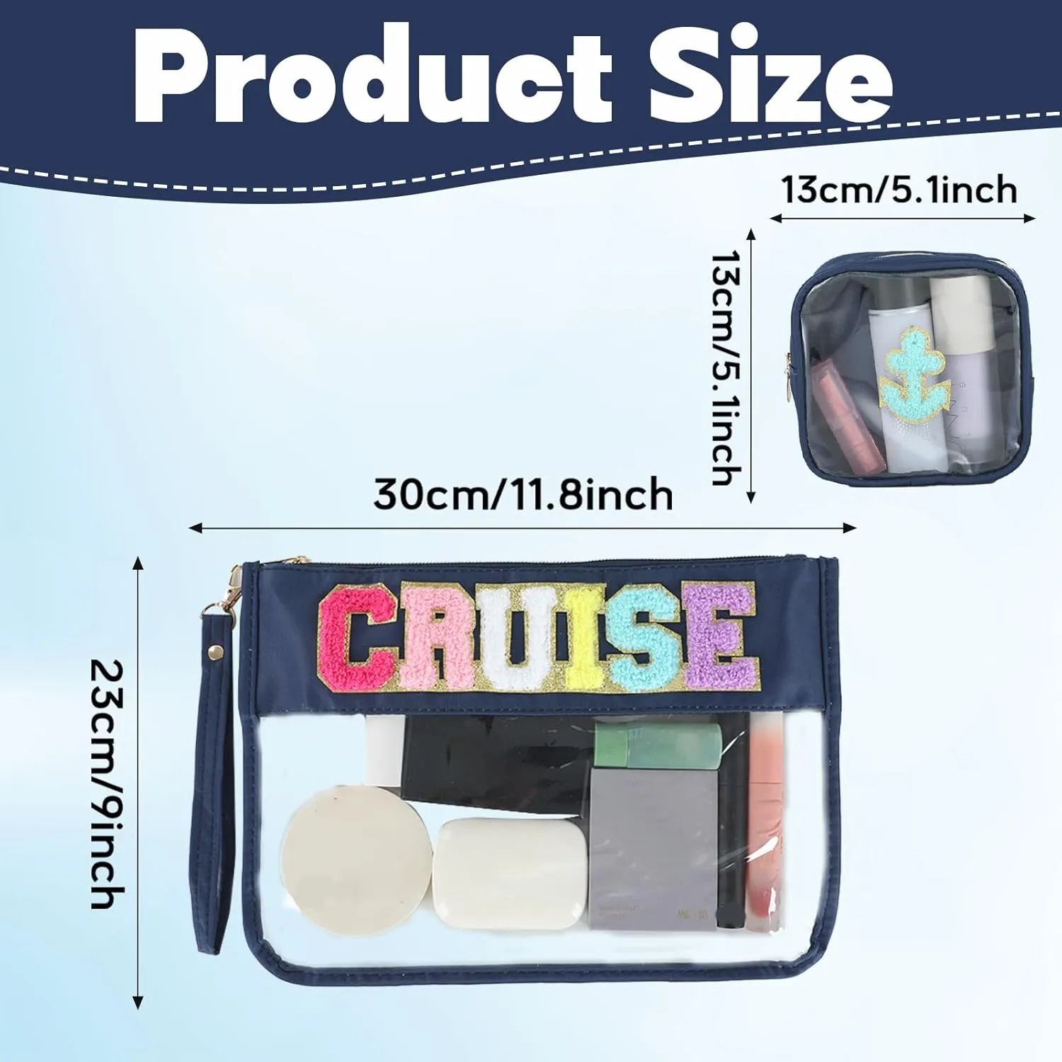 party greeting 2Pcs Cruise Gifts Chenille Makeup Bag Portable Nautical Anchor Travel Cosmetic Bag with Zipper Preppy Patch Letter Bag Waterproof Storage Purse Clear Pouch PVC Organizer for Women