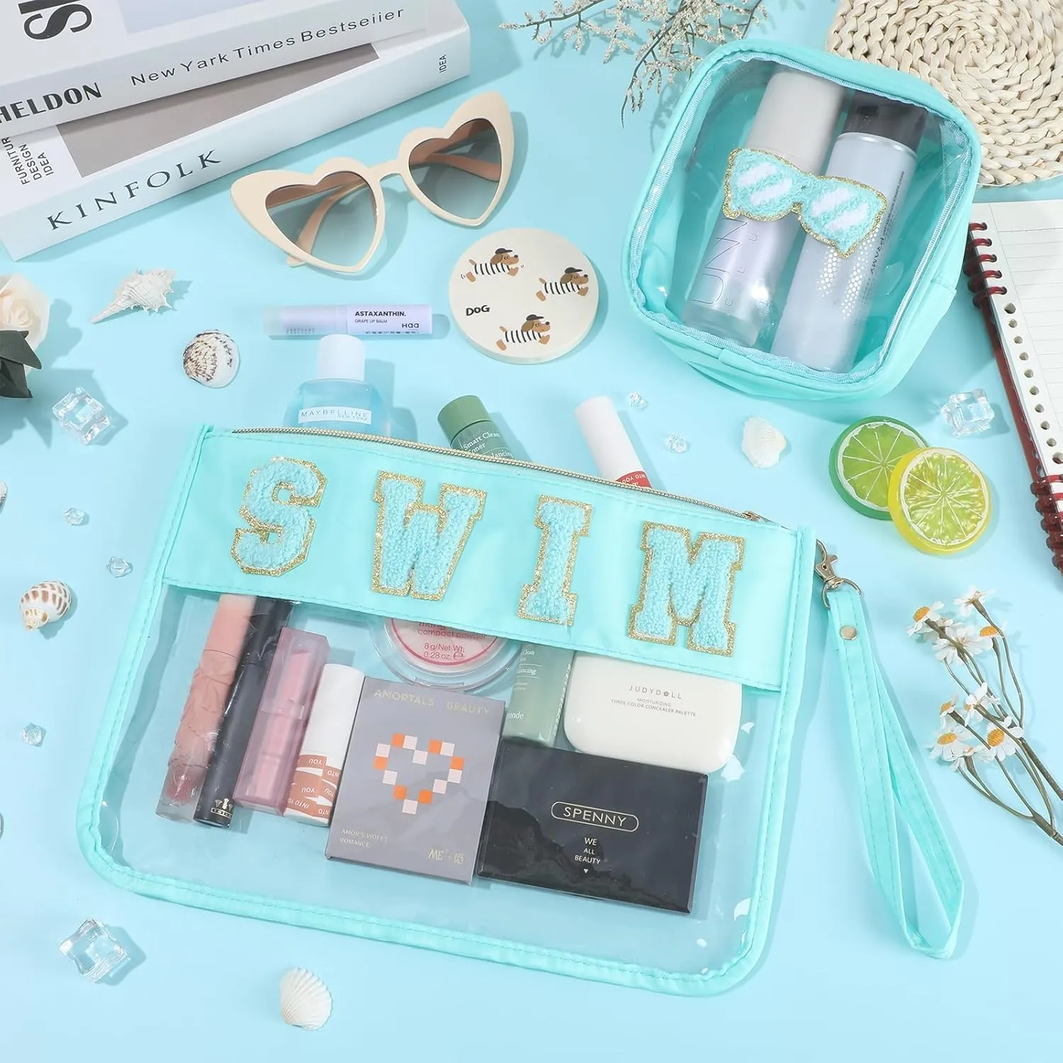 party greeting 2Pcs Swim Team Chenille Makeup Bags Portable Travel Cosmetic Bag with Zipper Preppy Patch Letter Bag Waterproof Storage Purse Clear Pouch PVC Organizer for Women