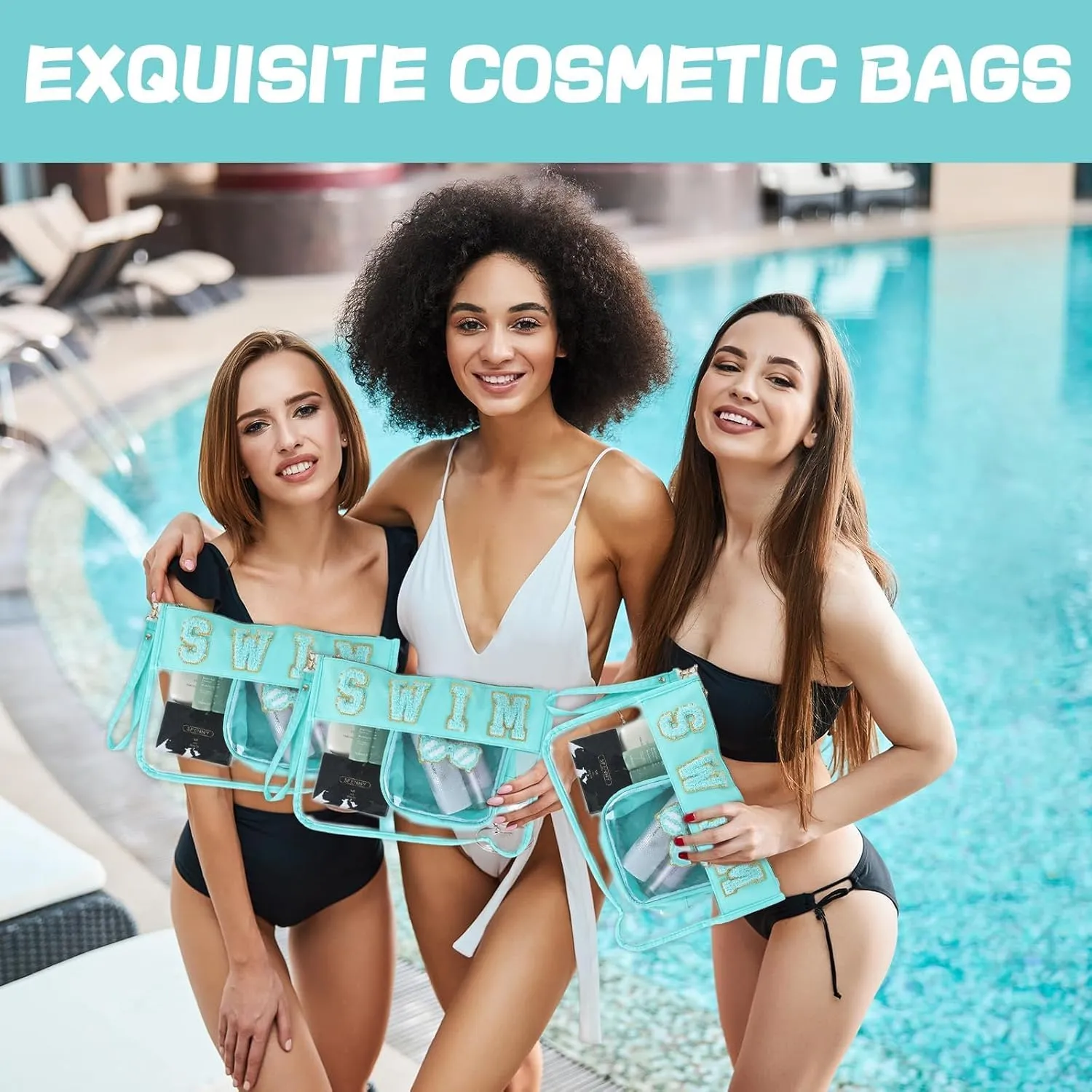 party greeting 2Pcs Swim Team Chenille Makeup Bags Portable Travel Cosmetic Bag with Zipper Preppy Patch Letter Bag Waterproof Storage Purse Clear Pouch PVC Organizer for Women