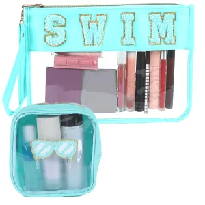party greeting 2Pcs Swim Team Chenille Makeup Bags Portable Travel Cosmetic Bag with Zipper Preppy Patch Letter Bag Waterproof Storage Purse Clear Pouch PVC Organizer for Women