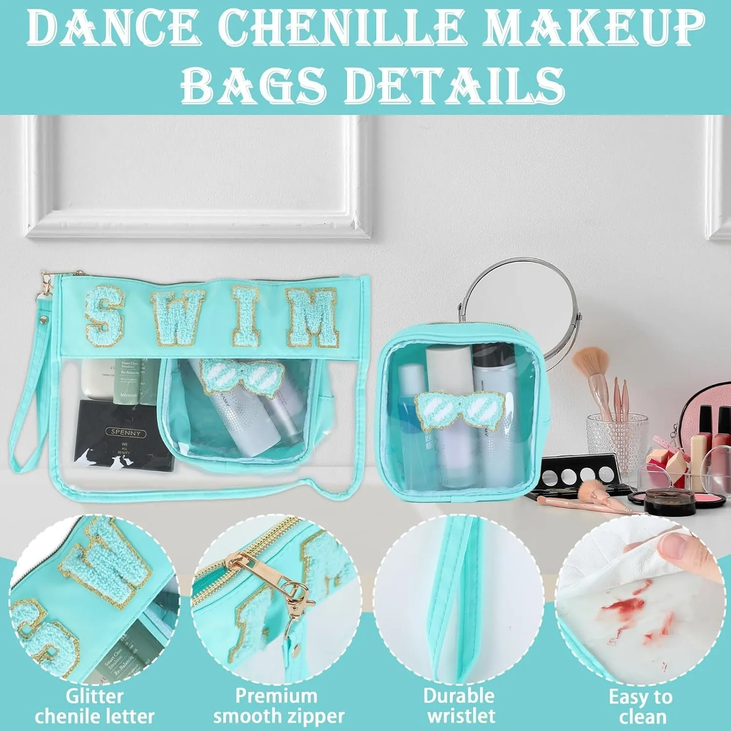party greeting 2Pcs Swim Team Chenille Makeup Bags Portable Travel Cosmetic Bag with Zipper Preppy Patch Letter Bag Waterproof Storage Purse Clear Pouch PVC Organizer for Women