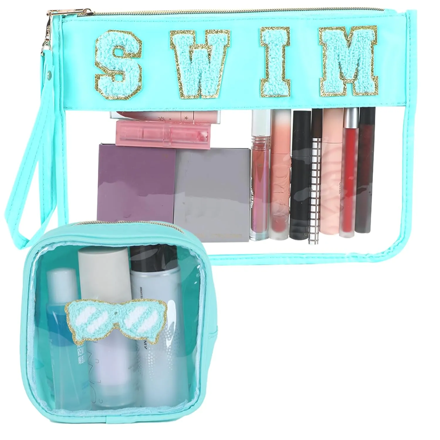 party greeting 2Pcs Swim Team Chenille Makeup Bags Portable Travel Cosmetic Bag with Zipper Preppy Patch Letter Bag Waterproof Storage Purse Clear Pouch PVC Organizer for Women