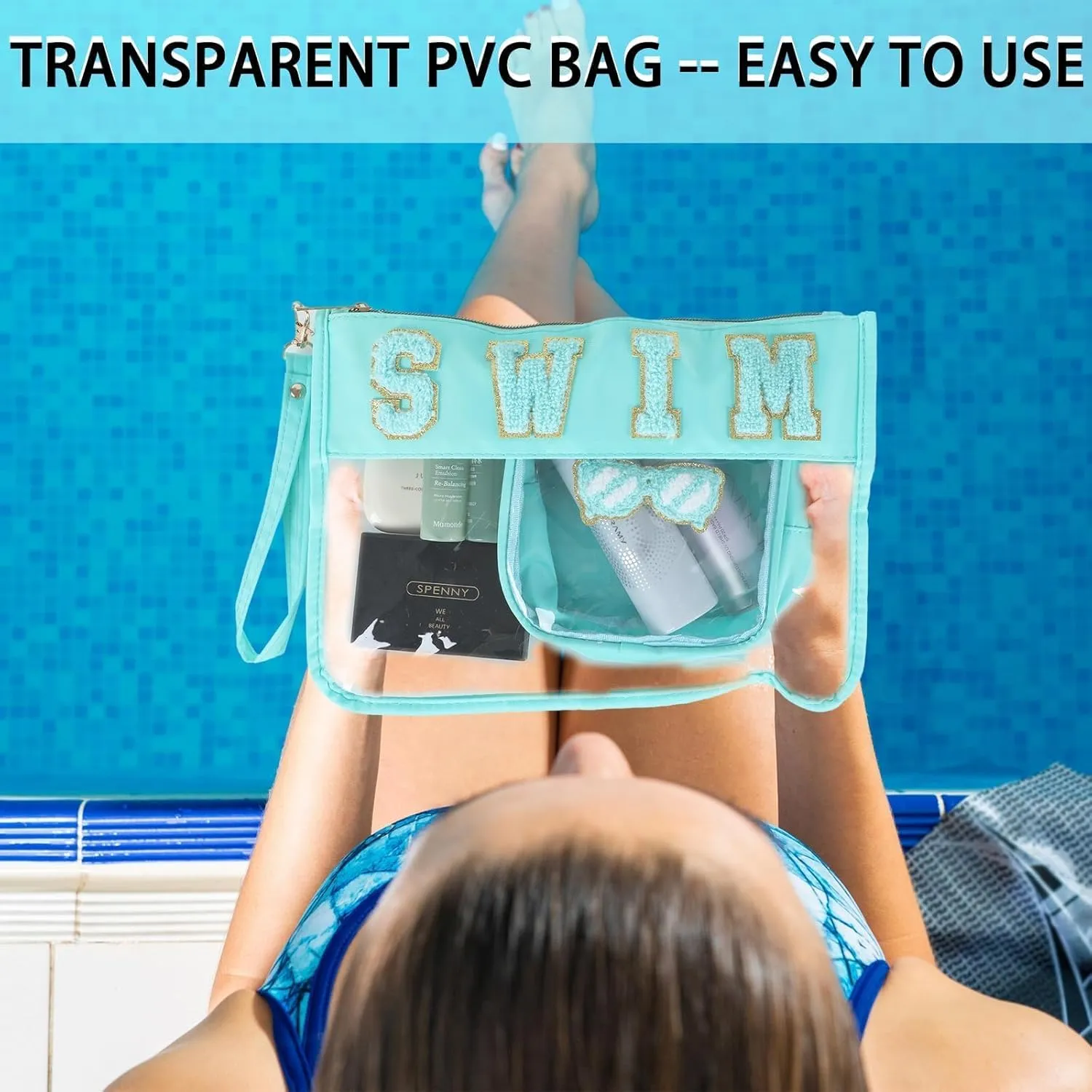 party greeting 2Pcs Swim Team Chenille Makeup Bags Portable Travel Cosmetic Bag with Zipper Preppy Patch Letter Bag Waterproof Storage Purse Clear Pouch PVC Organizer for Women
