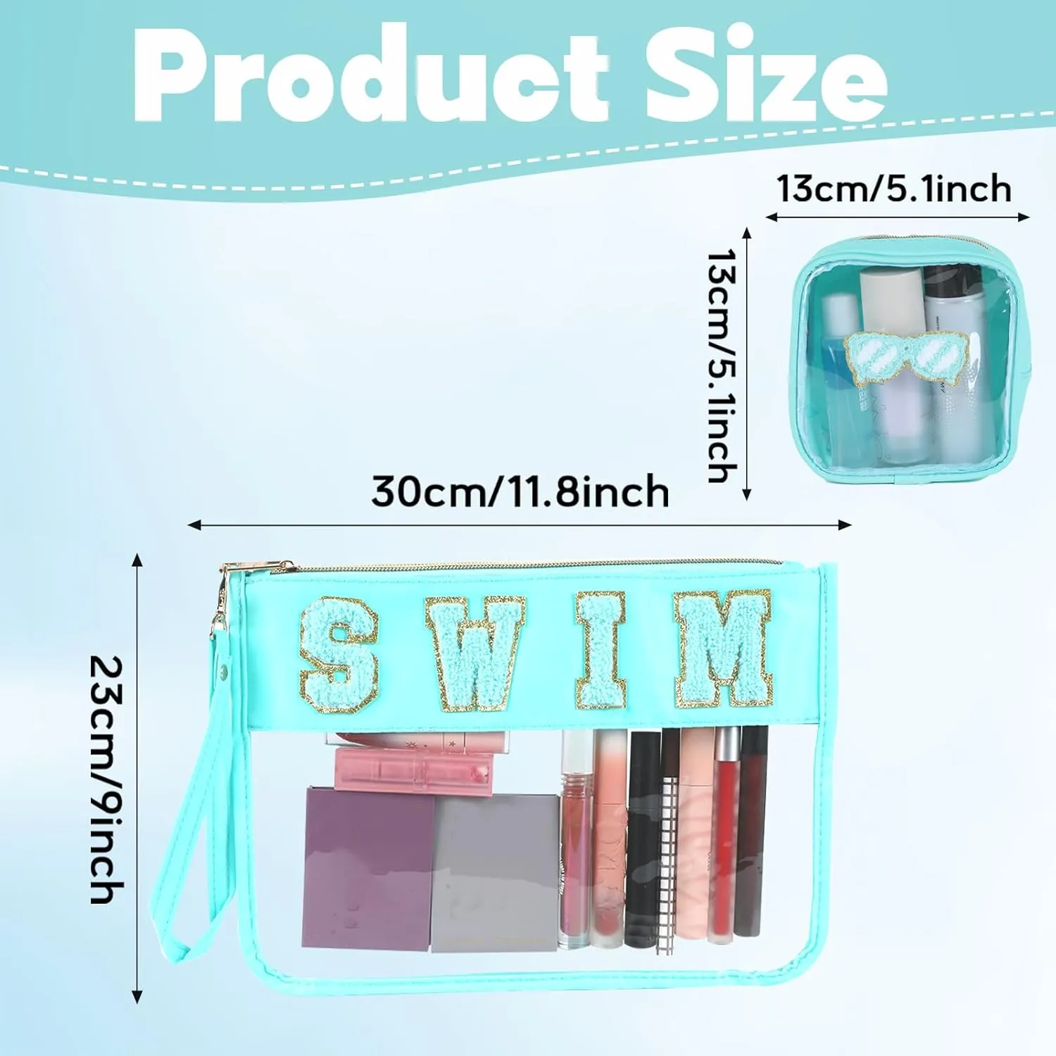party greeting 2Pcs Swim Team Chenille Makeup Bags Portable Travel Cosmetic Bag with Zipper Preppy Patch Letter Bag Waterproof Storage Purse Clear Pouch PVC Organizer for Women