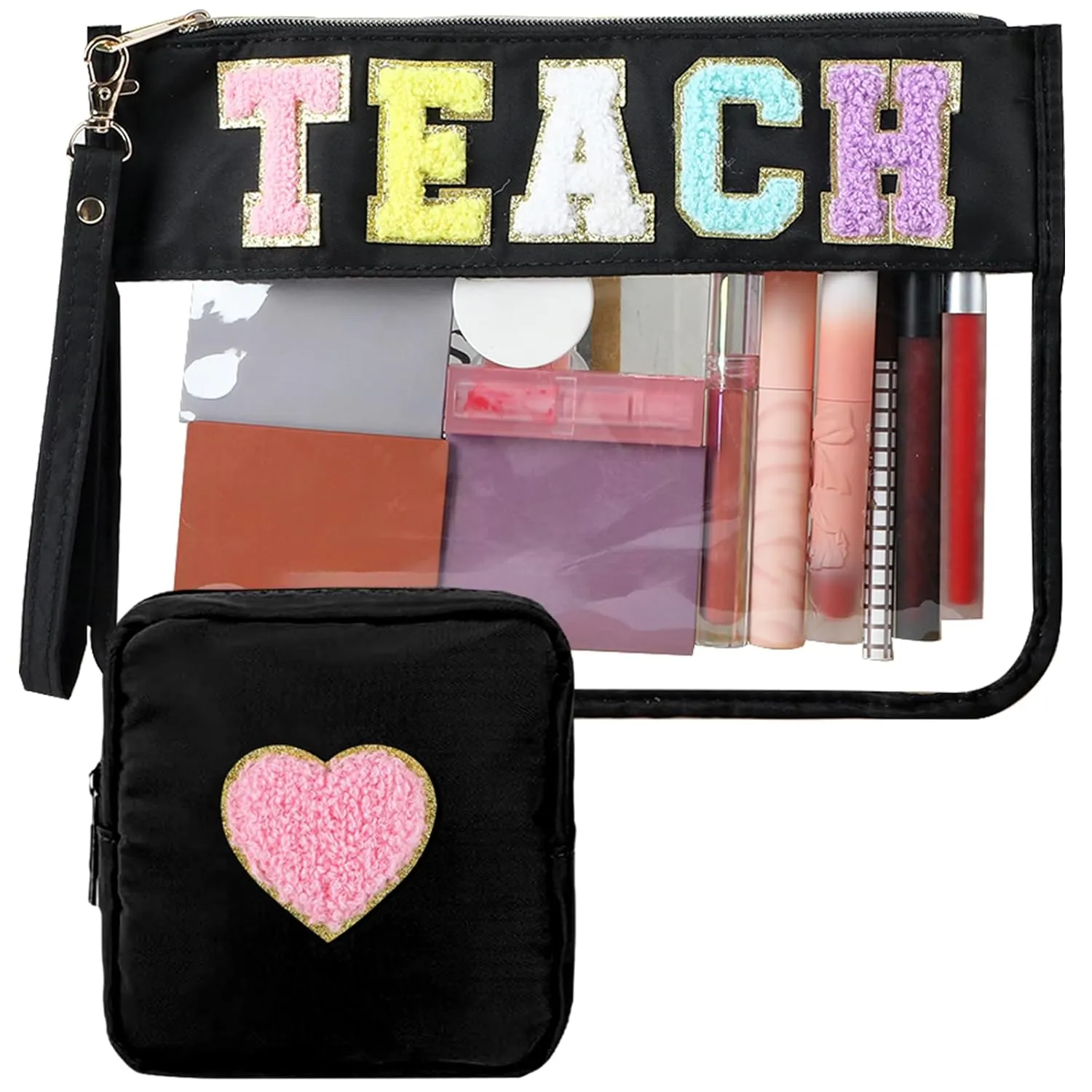 party greeting 2Pcs Teacher Gifts Chenille Makeup Bags Portable Travel Cosmetic Bag with Zipper Preppy Patch Letter Bag Waterproof Storage Purse Flat Clear Pouch PVC Organizer for Women