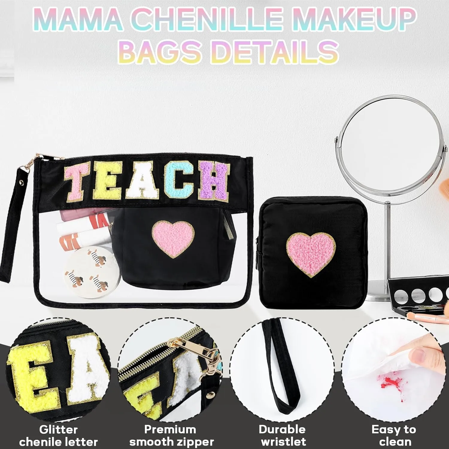 party greeting 2Pcs Teacher Gifts Chenille Makeup Bags Portable Travel Cosmetic Bag with Zipper Preppy Patch Letter Bag Waterproof Storage Purse Flat Clear Pouch PVC Organizer for Women