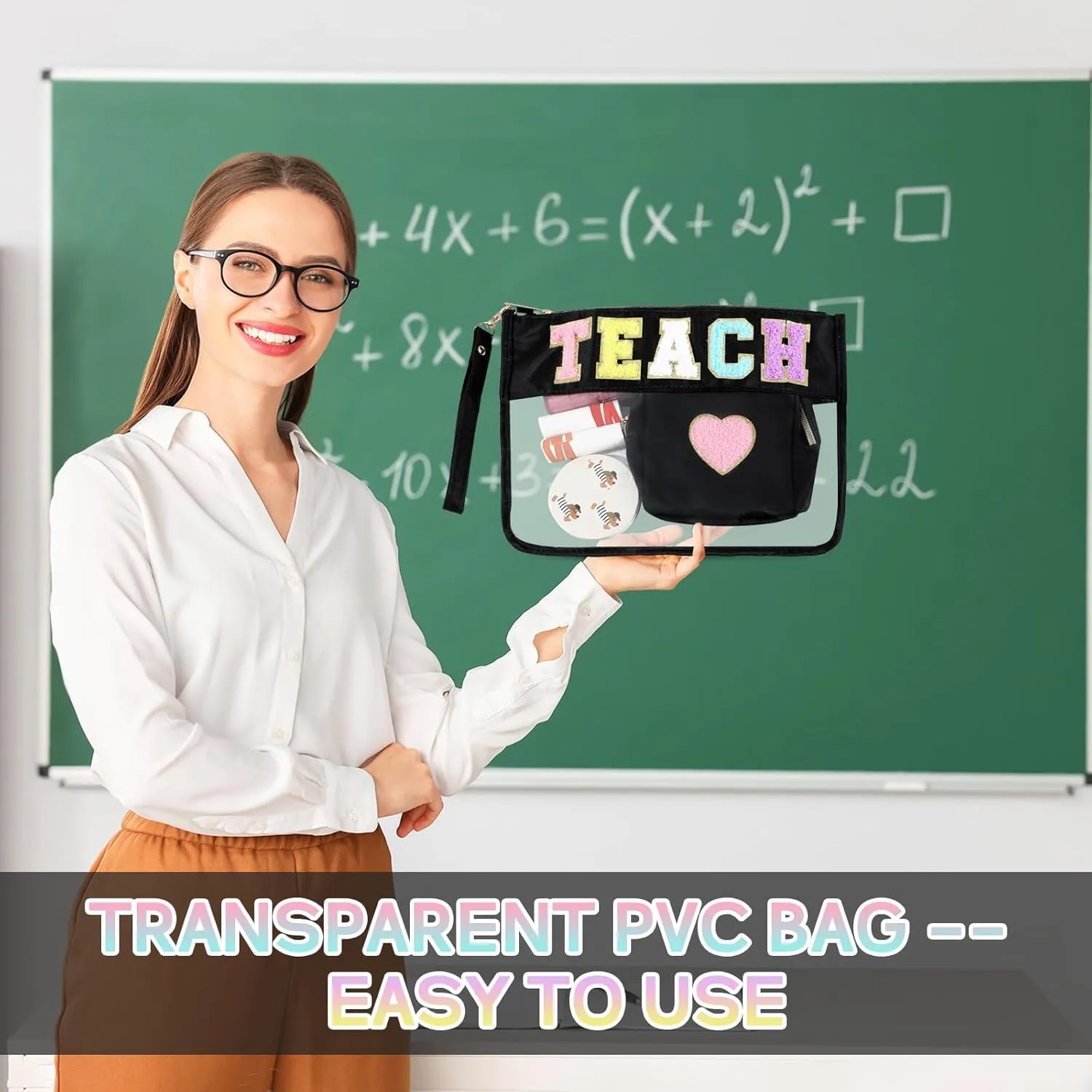 party greeting 2Pcs Teacher Gifts Chenille Makeup Bags Portable Travel Cosmetic Bag with Zipper Preppy Patch Letter Bag Waterproof Storage Purse Flat Clear Pouch PVC Organizer for Women