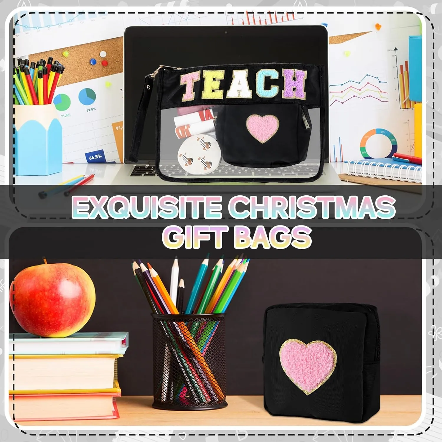party greeting 2Pcs Teacher Gifts Chenille Makeup Bags Portable Travel Cosmetic Bag with Zipper Preppy Patch Letter Bag Waterproof Storage Purse Flat Clear Pouch PVC Organizer for Women