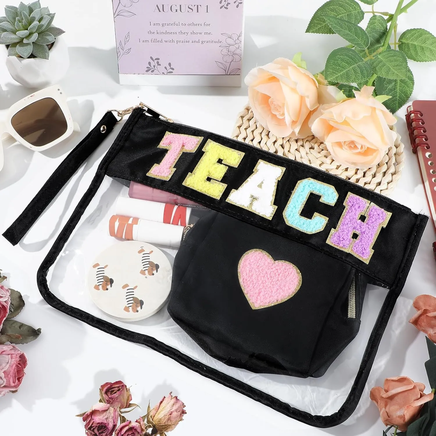 party greeting 2Pcs Teacher Gifts Chenille Makeup Bags Portable Travel Cosmetic Bag with Zipper Preppy Patch Letter Bag Waterproof Storage Purse Flat Clear Pouch PVC Organizer for Women