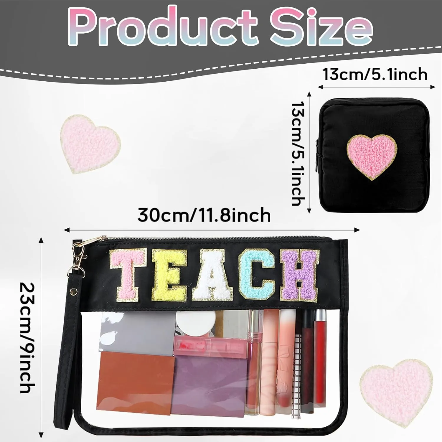 party greeting 2Pcs Teacher Gifts Chenille Makeup Bags Portable Travel Cosmetic Bag with Zipper Preppy Patch Letter Bag Waterproof Storage Purse Flat Clear Pouch PVC Organizer for Women