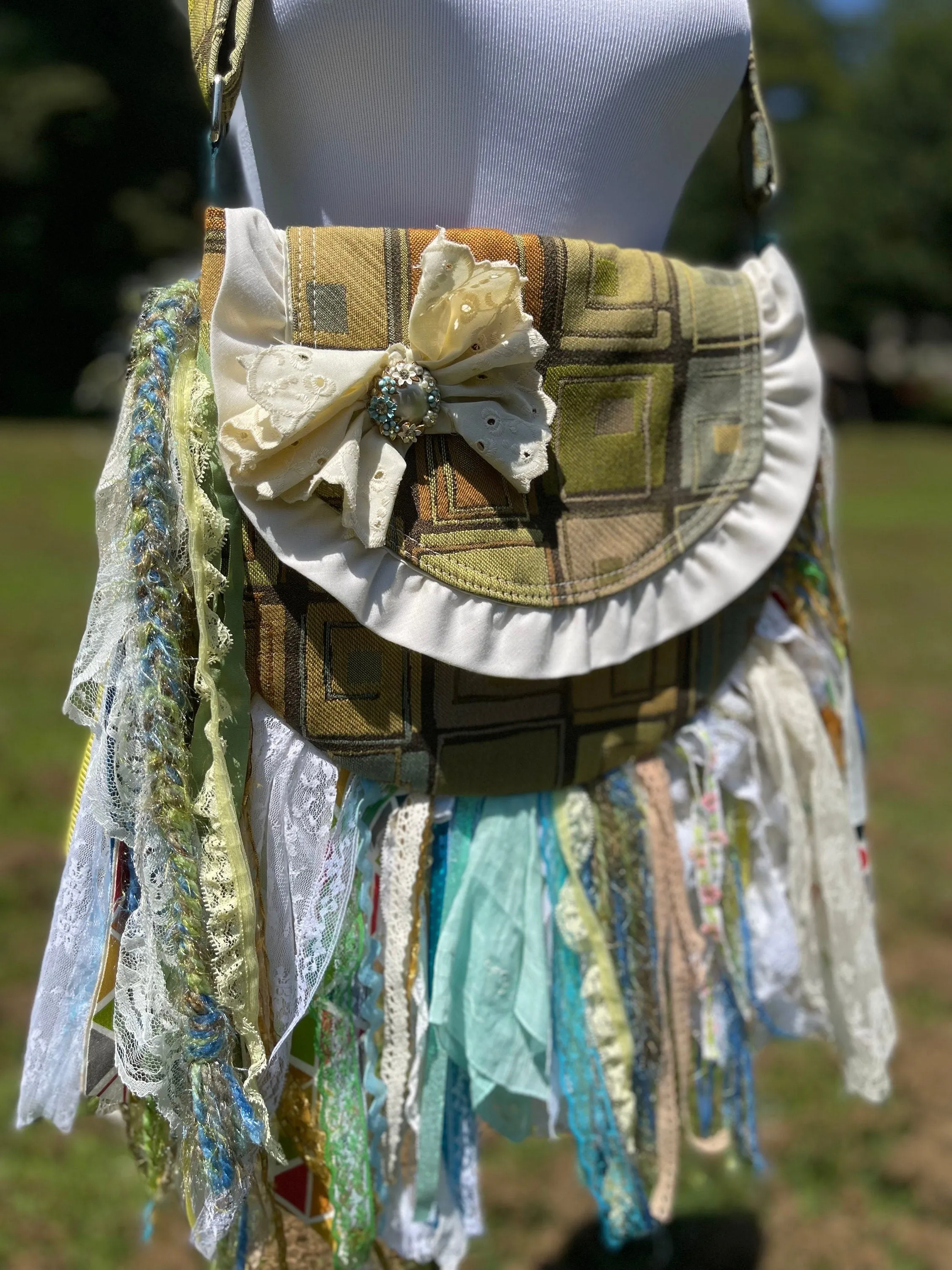 Pastel Vintage Ruffle Fringe Purse, Boho Chic Embellished purse