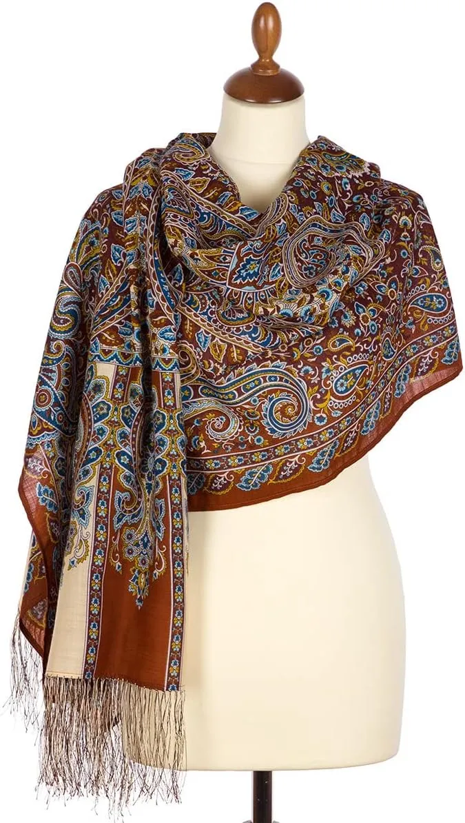 Pavlovo Posad Wool Shawl for Women with Silk Fringe 27.5x79'' (70x200 cm) 100% Wool Scarf for Women, Wrap, Fashion Scarves