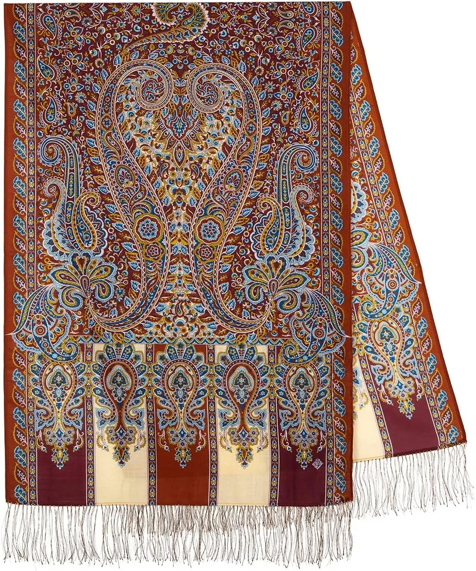Pavlovo Posad Wool Shawl for Women with Silk Fringe 27.5x79'' (70x200 cm) 100% Wool Scarf for Women, Wrap, Fashion Scarves