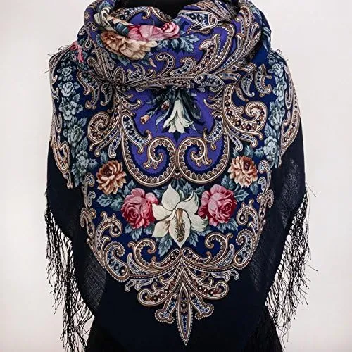 Pavlovo Posad Wool Shawl for Women with Silk Fringe 50x50'' (125x125 cm) 100% Wool Scarf for Women, Wrap, Fashion Scarves