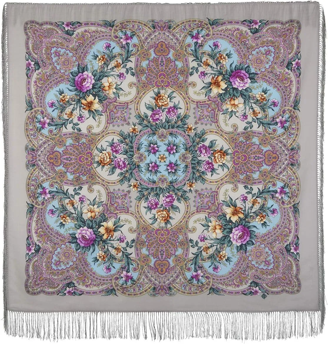 Pavlovo Posad Wool Shawl for Women with Silk Fringe 50x50'' (125x125 cm) 100% Wool Scarf for Women, Wrap, Fashion Scarves