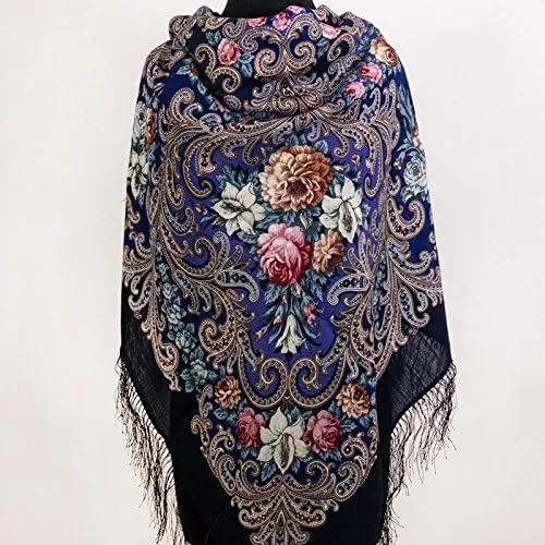 Pavlovo Posad Wool Shawl for Women with Silk Fringe 50x50'' (125x125 cm) 100% Wool Scarf for Women, Wrap, Fashion Scarves