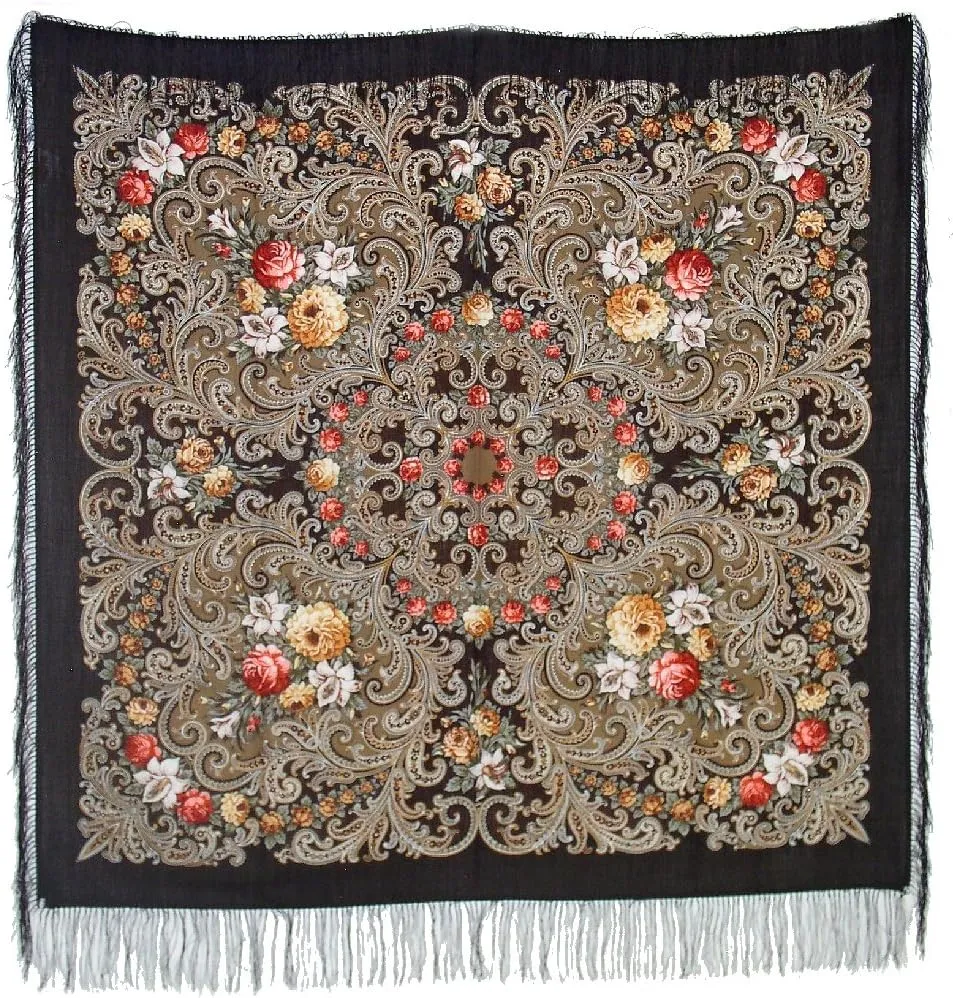 Pavlovo Posad Wool Shawl for Women with Silk Fringe 50x50'' (125x125 cm) 100% Wool Scarf for Women, Wrap, Fashion Scarves