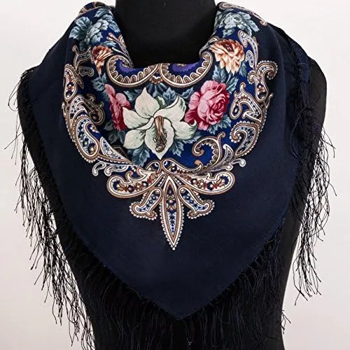 Pavlovo Posad Wool Shawl for Women with Silk Fringe 50x50'' (125x125 cm) 100% Wool Scarf for Women, Wrap, Fashion Scarves