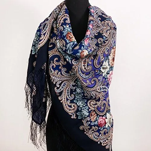 Pavlovo Posad Wool Shawl for Women with Silk Fringe 50x50'' (125x125 cm) 100% Wool Scarf for Women, Wrap, Fashion Scarves