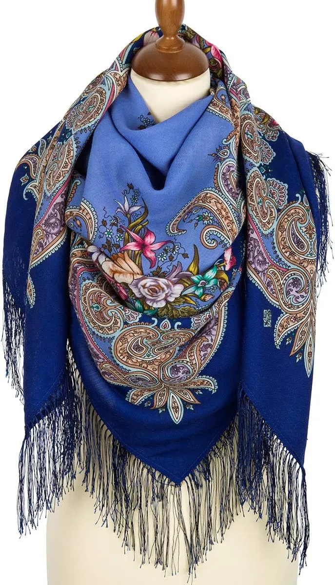 Pavlovo Posad Wool Shawl for Women with Silk Fringe 50x50'' (125x125 cm) 100% Wool Scarf for Women, Wrap, Fashion Scarves