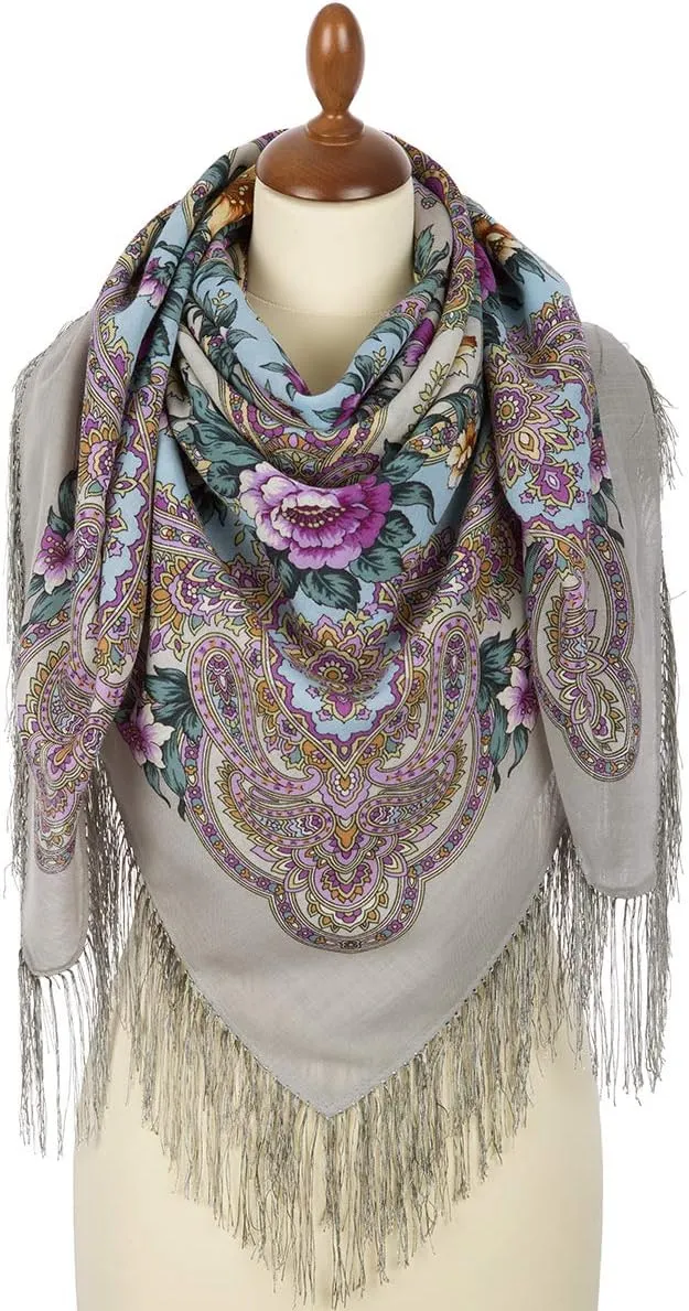 Pavlovo Posad Wool Shawl for Women with Silk Fringe 50x50'' (125x125 cm) 100% Wool Scarf for Women, Wrap, Fashion Scarves