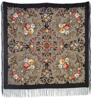 Pavlovo Posad Wool Shawl for Women with Silk Fringe 50x50'' (125x125 cm) 100% Wool Scarf for Women, Wrap, Fashion Scarves