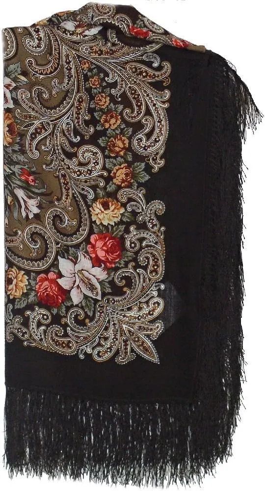 Pavlovo Posad Wool Shawl for Women with Silk Fringe 50x50'' (125x125 cm) 100% Wool Scarf for Women, Wrap, Fashion Scarves