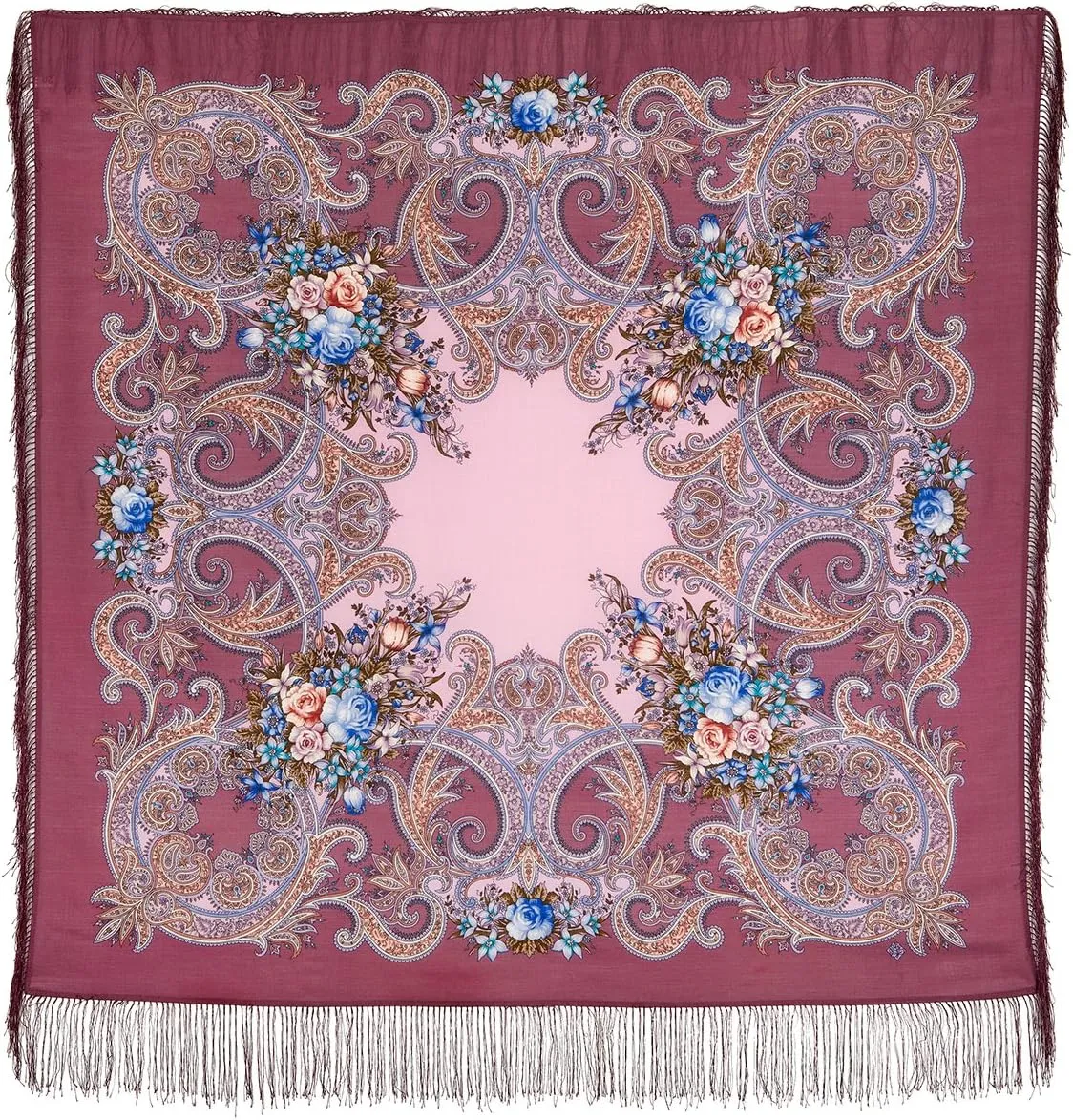 Pavlovo Posad Wool Shawl for Women with Silk Fringe 50x50'' (125x125 cm) 100% Wool Scarf for Women, Wrap, Fashion Scarves