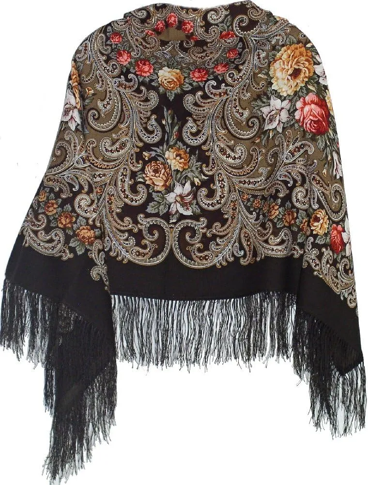 Pavlovo Posad Wool Shawl for Women with Silk Fringe 50x50'' (125x125 cm) 100% Wool Scarf for Women, Wrap, Fashion Scarves