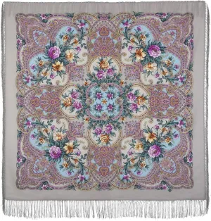 Pavlovo Posad Wool Shawl for Women with Silk Fringe 50x50'' (125x125 cm) 100% Wool Scarf for Women, Wrap, Fashion Scarves