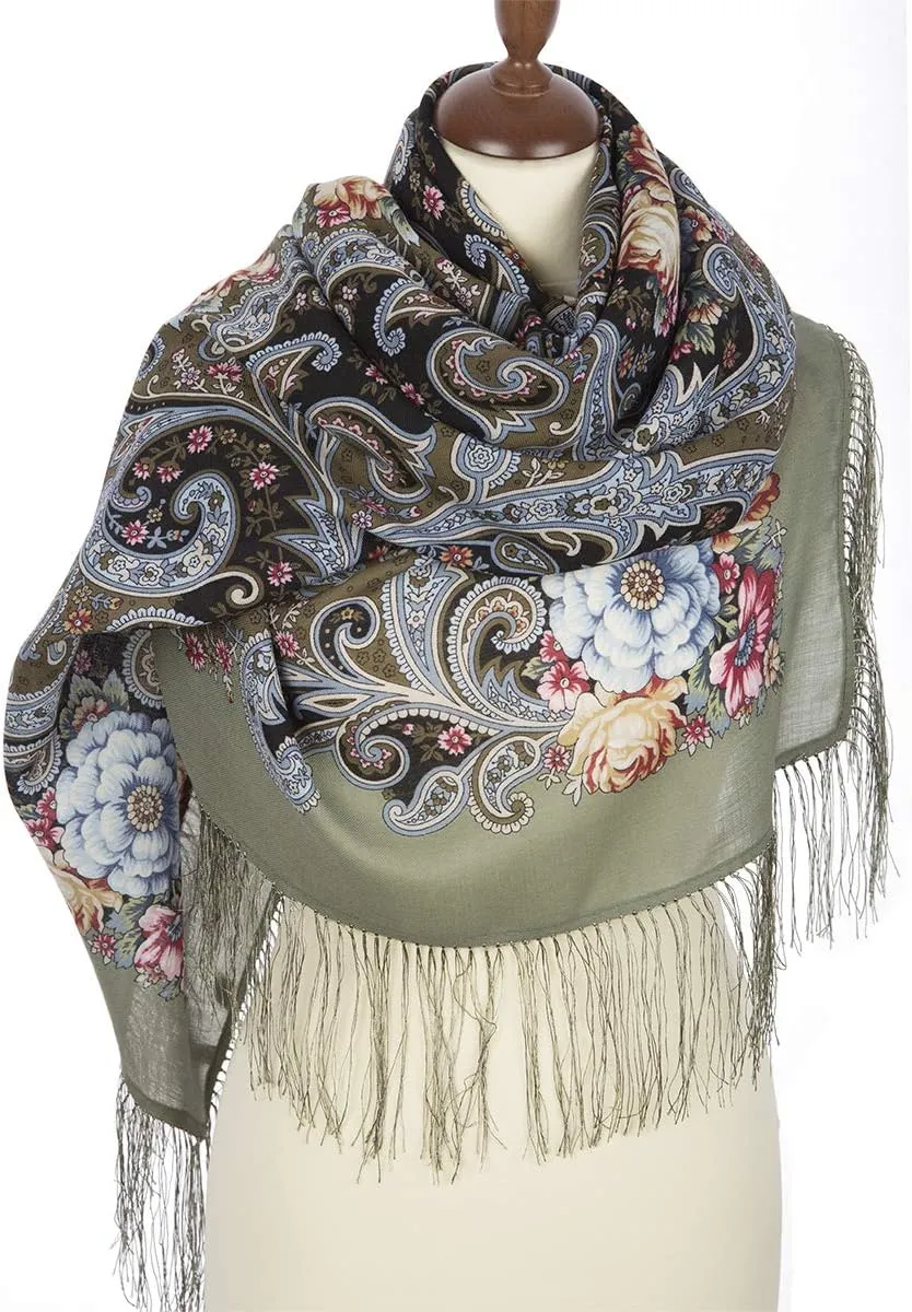 Pavlovo Posad Wool Shawl for Women with Silk Fringe 50x50'' (125x125 cm) 100% Wool Scarf for Women, Wrap, Fashion Scarves