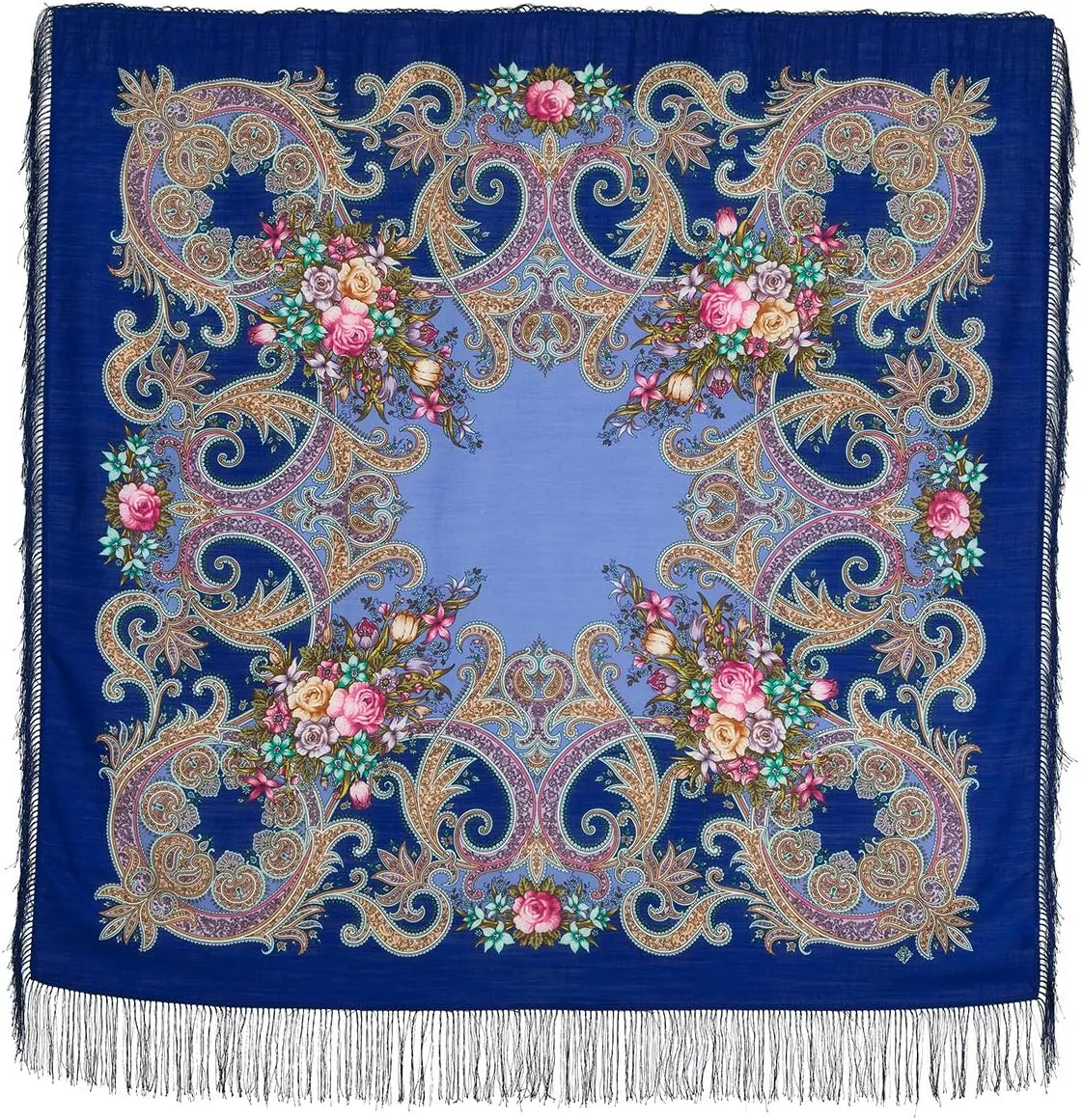 Pavlovo Posad Wool Shawl for Women with Silk Fringe 50x50'' (125x125 cm) 100% Wool Scarf for Women, Wrap, Fashion Scarves