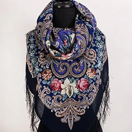 Pavlovo Posad Wool Shawl for Women with Silk Fringe 50x50'' (125x125 cm) 100% Wool Scarf for Women, Wrap, Fashion Scarves