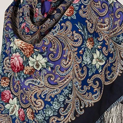 Pavlovo Posad Wool Shawl for Women with Silk Fringe 50x50'' (125x125 cm) 100% Wool Scarf for Women, Wrap, Fashion Scarves