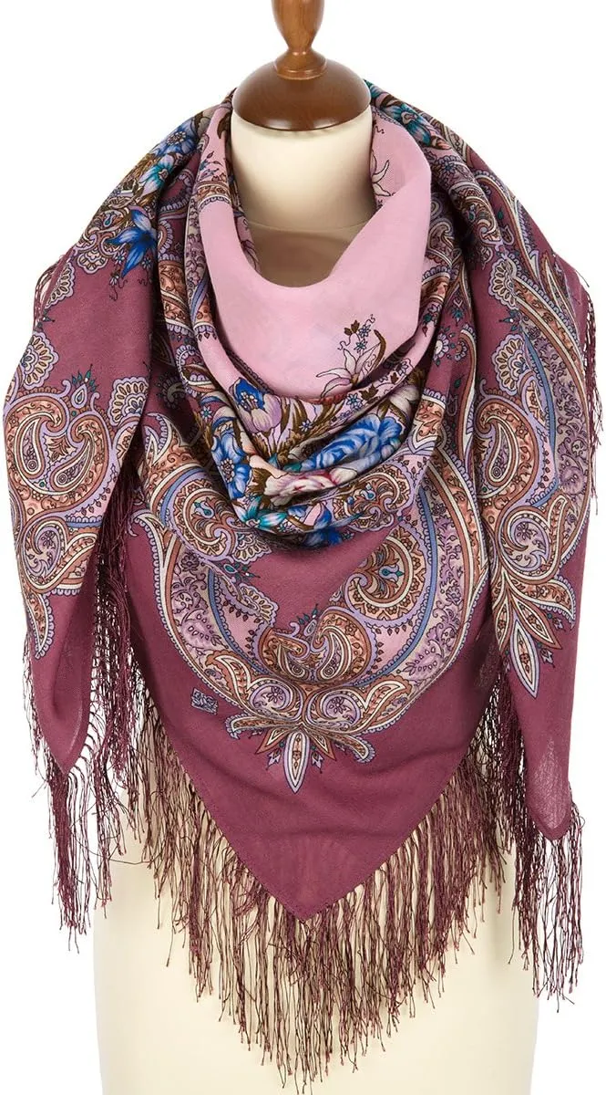 Pavlovo Posad Wool Shawl for Women with Silk Fringe 50x50'' (125x125 cm) 100% Wool Scarf for Women, Wrap, Fashion Scarves