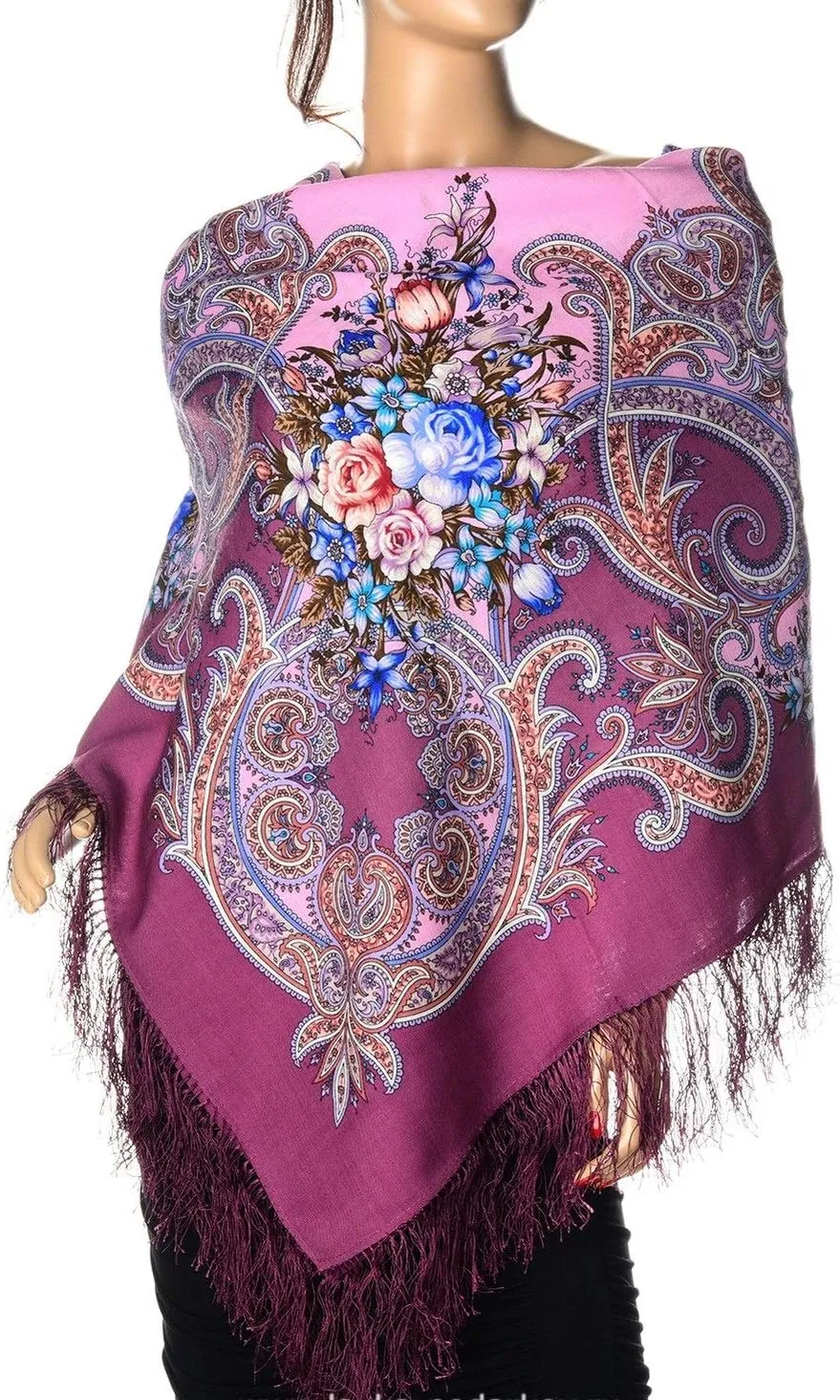 Pavlovo Posad Wool Shawl for Women with Silk Fringe 50x50'' (125x125 cm) 100% Wool Scarf for Women, Wrap, Fashion Scarves