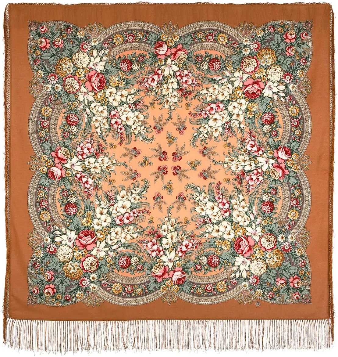 Pavlovo Posad Wool Shawl for Women with Silk Fringe 50x50'' (125x125 cm) 100% Wool Scarf for Women, Wrap, Fashion Scarves