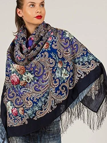 Pavlovo Posad Wool Shawl for Women with Silk Fringe 50x50'' (125x125 cm) 100% Wool Scarf for Women, Wrap, Fashion Scarves