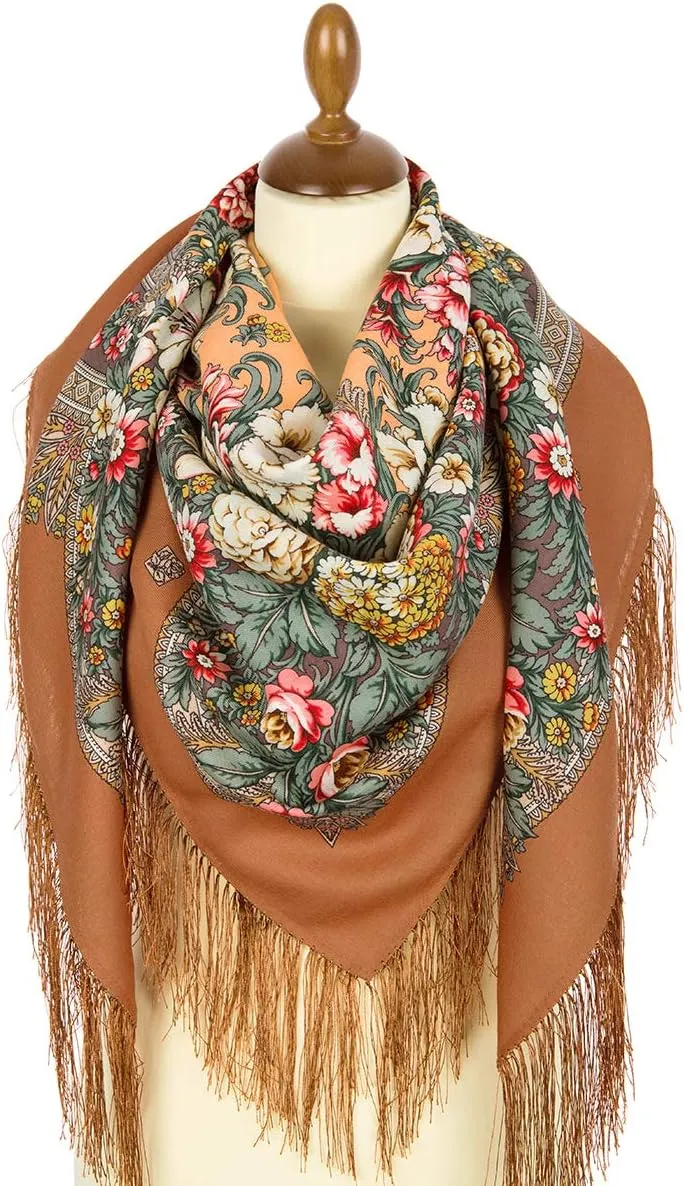 Pavlovo Posad Wool Shawl for Women with Silk Fringe 50x50'' (125x125 cm) 100% Wool Scarf for Women, Wrap, Fashion Scarves