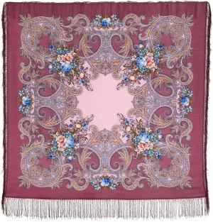 Pavlovo Posad Wool Shawl for Women with Silk Fringe 50x50'' (125x125 cm) 100% Wool Scarf for Women, Wrap, Fashion Scarves