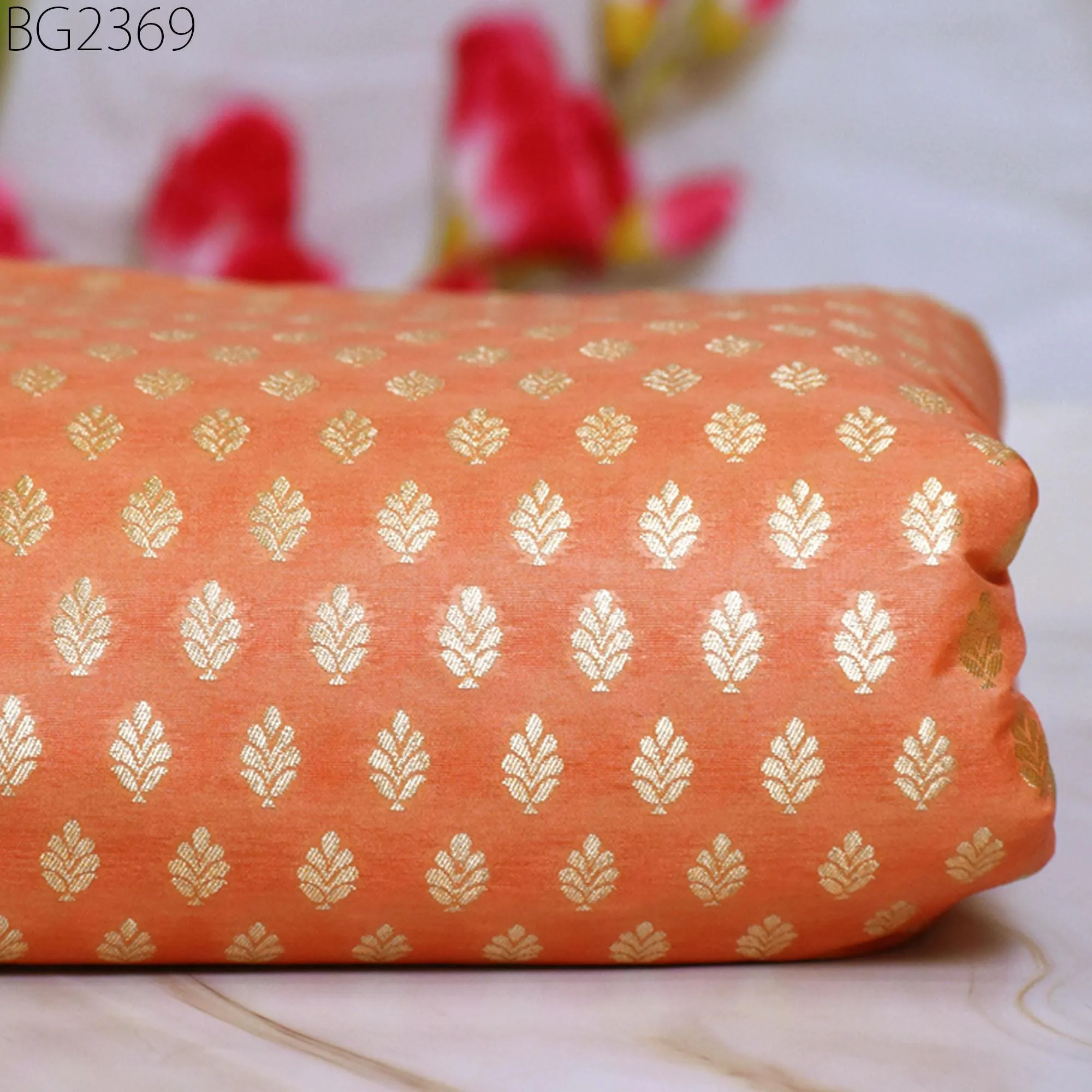 Peach Indian Brocade By The Yard Fabric Banaras Weddings Bridal Dress Sewing Material Banarasi DIY Crafting Costume Cushion Covers Blouses