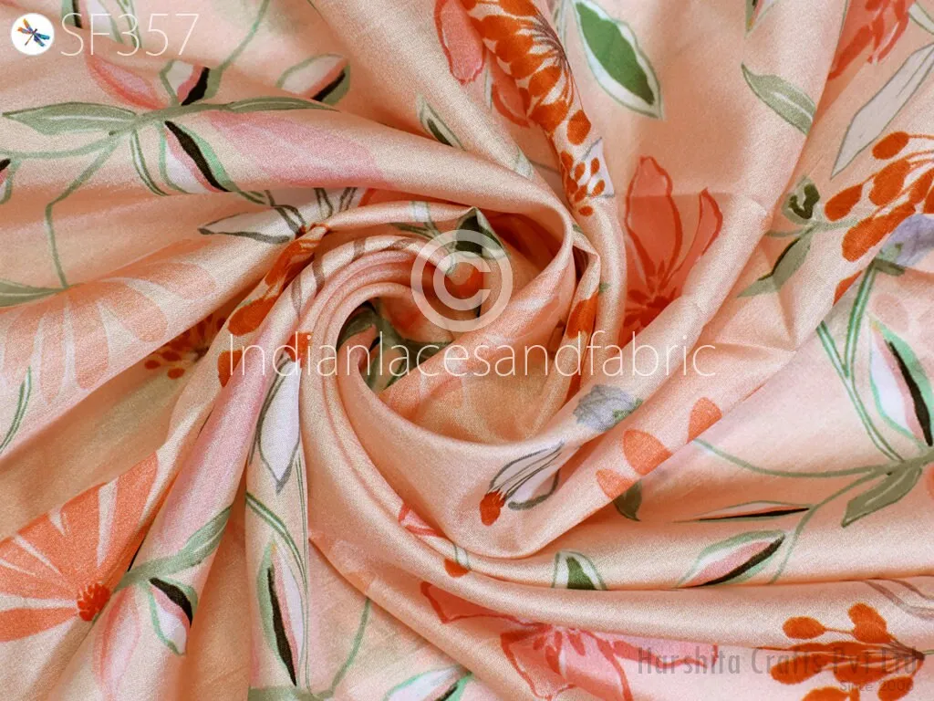 Peach Indian Saree Soft Pure Printed Silk Fabric by the yard Wedding Dresses Bridesmaid Party Costume Curtains Crafting Sewing Dupatta Scarf