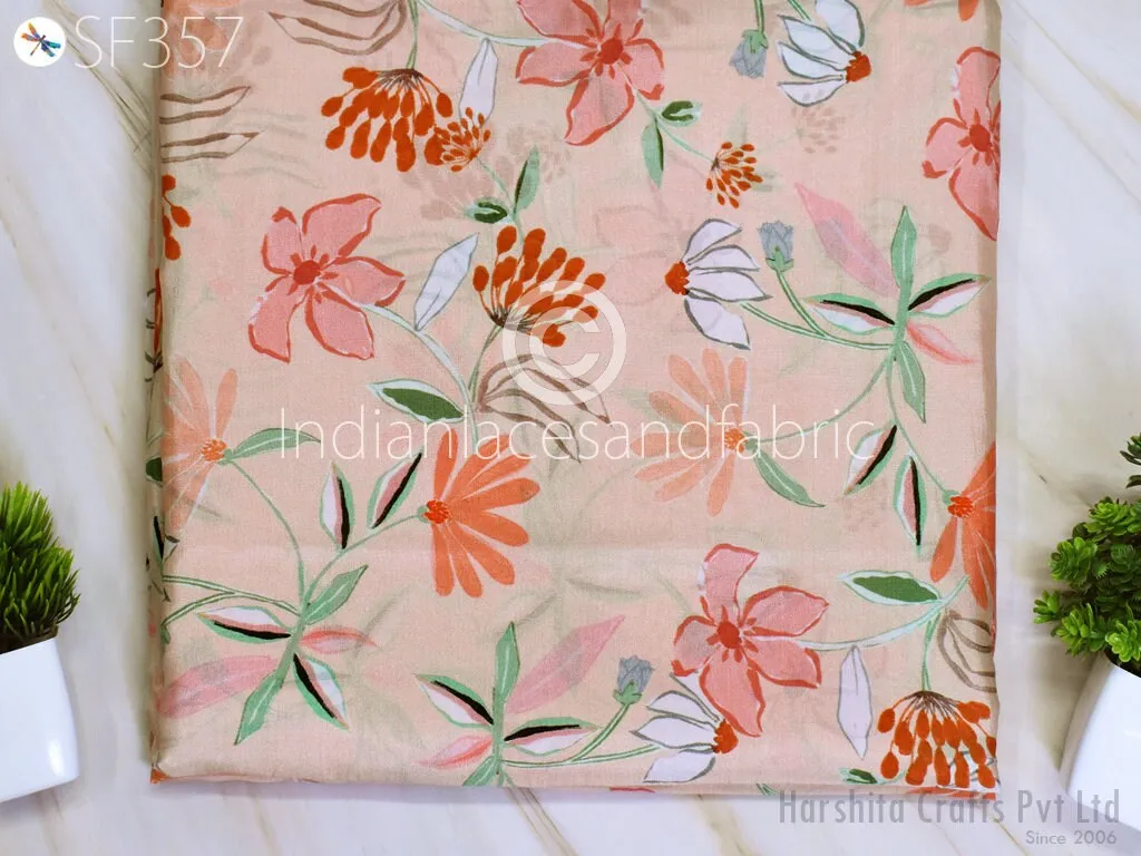 Peach Indian Saree Soft Pure Printed Silk Fabric by the yard Wedding Dresses Bridesmaid Party Costume Curtains Crafting Sewing Dupatta Scarf