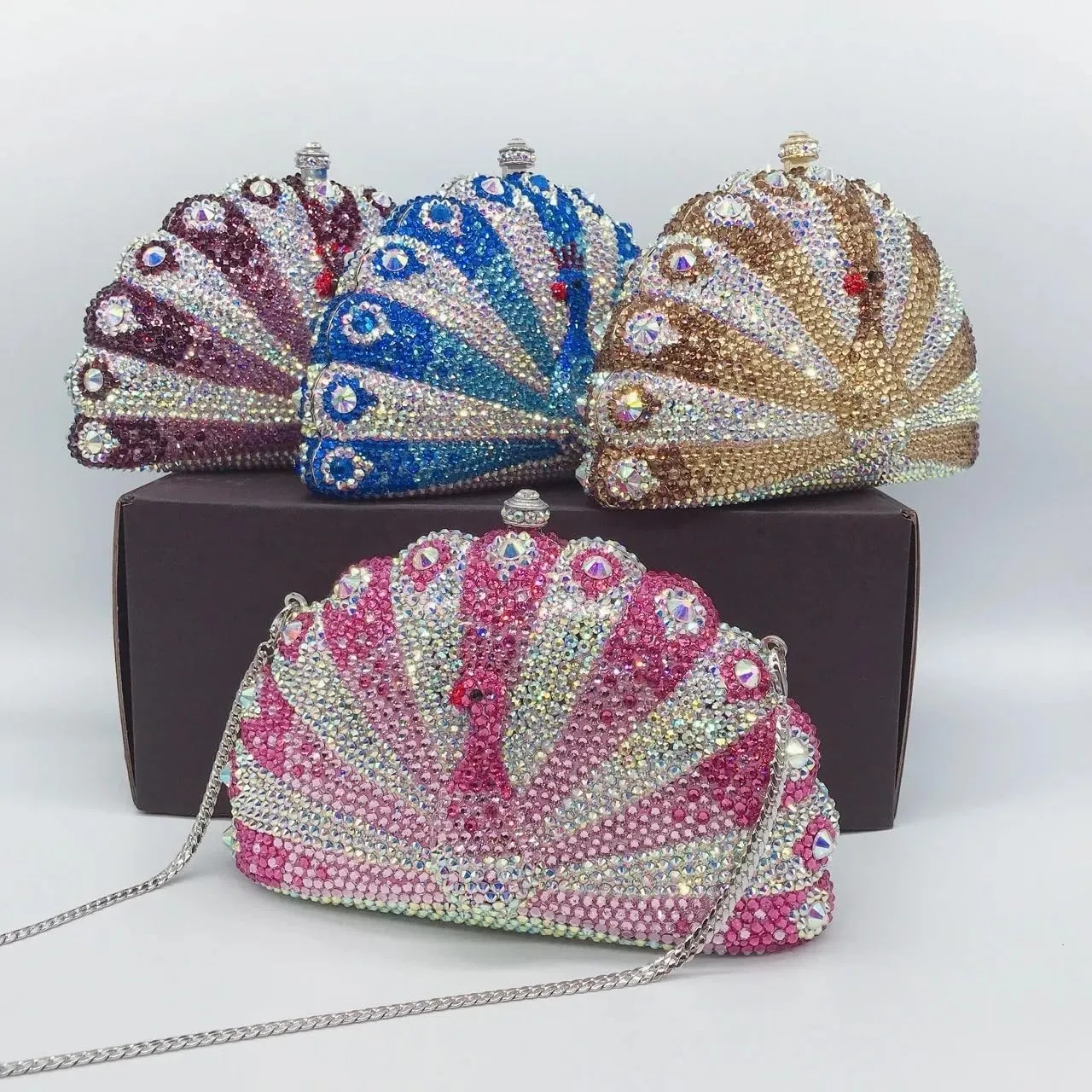 Peacock Crystal Clutch Purses for Women Sparkly Rhinestone Evening Handbags Party Wedding Glitter Purse A-Purple&Silver