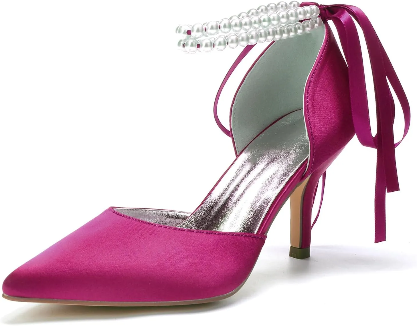Pearl Ankle Buckle Wedding 7CM Stiletto Heel Shoes Bridal Pointed Toe Pumps Bowknot Strap Sandals Evening Party Dress Slip-On Satin
