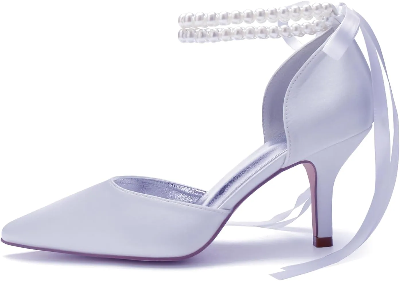 Pearl Ankle Buckle Wedding 7CM Stiletto Heel Shoes Bridal Pointed Toe Pumps Bowknot Strap Sandals Evening Party Dress Slip-On Satin